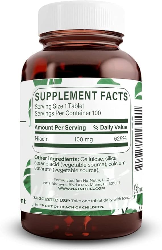 Natural Nutra Niacin Supplement for Energy, Help Maintain Body Fats, Help Improve Digestion, Helps Promotes Skin Health, Boost Energy and Brain Function, Non-GMO, Gluten-Free, 100 mg, 100 Tablets