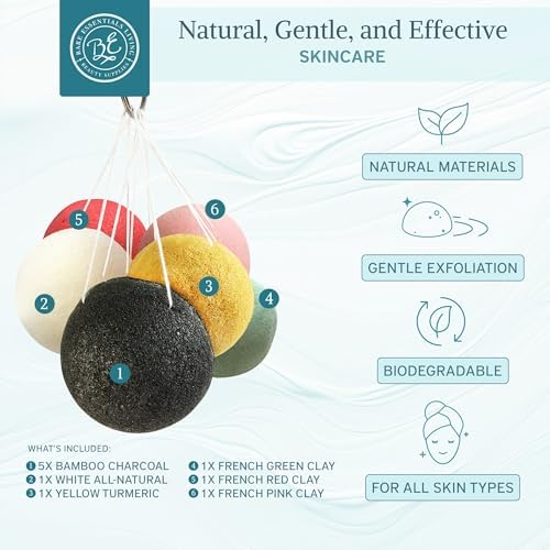 Bare Essentials Living - Konjac Sponges Set (10 Pack) with Activated Bamboo Charcoal Facial Sponge, Natural, Great for Facials, Bath, and Exfoliating Body Sponge