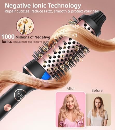 Thermal Hair Brush for Blowout Look, 1.5 Inch Heated Round Brush for Natural Curl,Ionic Curling Iron Wand with Dual Voltage, Volumizing Smoothing Hot Round Brush, Black
