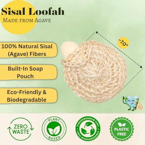 Natural Handwoven Sisal Loofah Body Scrubber - Organic Shower Sponge Made from Premium Agave Fibers - Arabic-Turkish Style with Bar Soap Pouch - Natural Body Scrubber for Men & Women