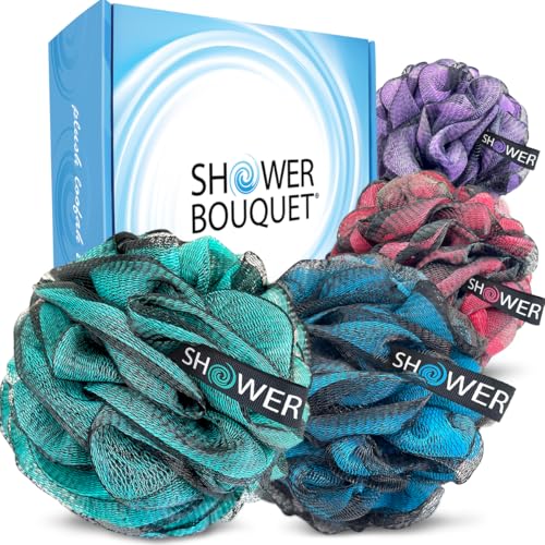 SHOWER BOUQUET Loofah-Charcoal Bath-Sponge XL-Color-4-Pack // Extra Large 75g Soft Mesh Black Luffa Loofa Loufa Puff Set/Exfoliating Body Scrubber for Women and Men - Exfoliate & Soothe Face & Body