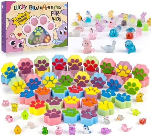 Bath Bombs for Kids With Surprise Inside, 40 Large Number Pack Paw Shape Gift Set, Natural Organic Bubble Bath Fizzy for Girls Boys With Bath Toys Inside