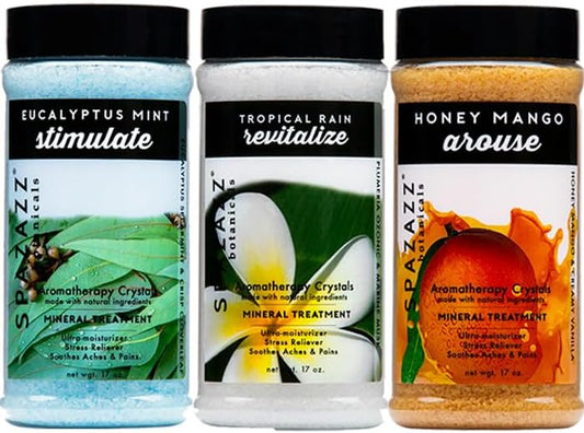 Spazazz Hot Tub Aromatherapy Bath Salt Crystals 3-Pack Bundle - Eucalyptus Mint Stimulate - Tropical Rain Revitalize - Honey Mango Arouse - Botanicals Collection Scents for Relaxing in Spas (17 oz)