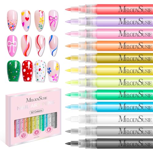 MelodySusie Nail Art Pens Set, 12 Colors 0.7MM Nail Polish Pens for Nail Art, Nail Dotting Tool, Acrylic Paint Markers, Drawing Pen for Nail Design, Manicure Nail Pens for Salon and DIY at Home