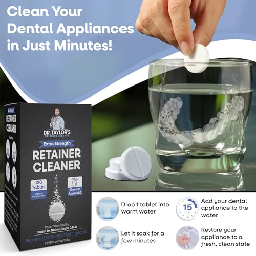 Dr. Taylor’s Retainer Cleaner Tablets for Aligners & Dentures - Effectively Removes Stains, Plaque, and Odor - Mouth & Night Guards Cleaner with Refreshing Mint Flavor - 120 Tablets