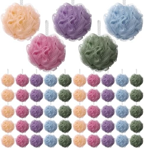Nitial 50 Pcs Large Bath Shower Loofah Sponge Bulk 60g Exfoliating Bath Sponge Soft Shower Scrunchies Colorful Bath Loofahs for Men Women Shower (Soft Color)