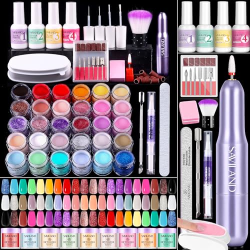 SAVILAND Dip Powder Nail Kit with Drill: Starter Set 30 Colors Summer Spring Keratin Dip Nails Powder with Dipping Liquid Set Activator Base Top Coat Cuticle Oil for DIY Manicure Nail Art