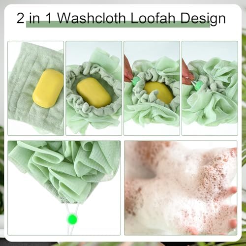 6 Pcs Washcloth Loofah Combo, 2 in 1 Bath Loofah Sponge with Drawstring, Exfoliation Mesh Shower Puff Ball for Body Wash Cleansing and Smooth Skin(Multicolor)