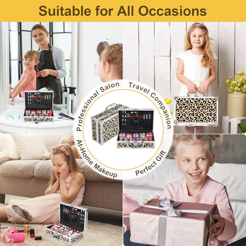 Anpro All-In-One Makeup Carry Case with Pro Teen Makeup Set, Full Starter Cosmetics Kit with Makeup Brushes, Lipsticks, Eye Shadows Palette, Blushes, Glitter Gel-Yellow Leopard