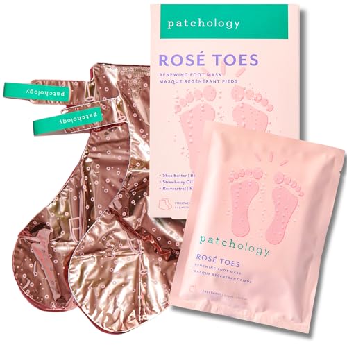 Patchology Rosé Toes Moisturizing Foot Mask – Shea Butter & Strawberry Scented Booties for Dry, Cracked Feet, Disposable Spa Socks with Resveratrol for Soothing Foot Care, Self-Care Essentials