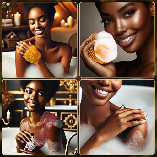 Authentic African Net Sponge – 3-Pack Exfoliating Mesh for Face & Body, Deep Clean, Quick Dry, Long-Lasting Bath Scrubber for All Skin Types, Travel-Friendly & Durable (Black, Yellow, Red)