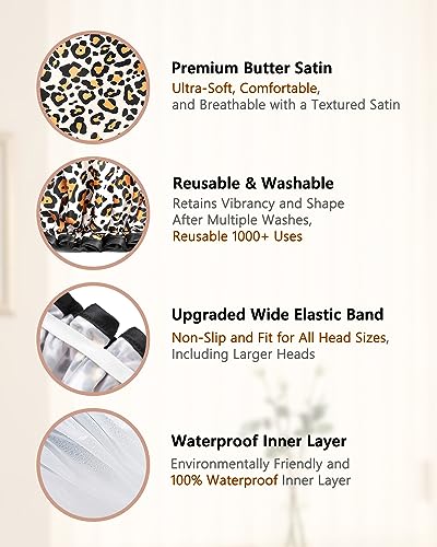 mikimini Leopard Large Shower Caps Pack of 2, Shower Cap for Women Long Hair with Black Lace, Double-layer Waterproof, Reusable, Washable