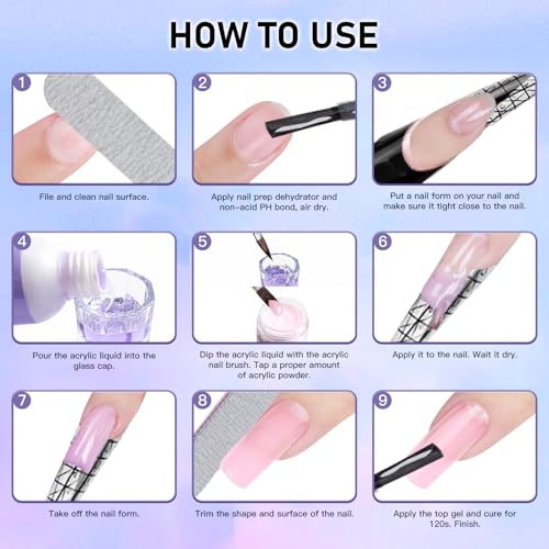 Acrylic Nail Kit - Clear Pink White Nude Powder & Liquid Monomer Set with Brush, Nail Forms, Extension Kit for Beginners with Everything for Home DIY