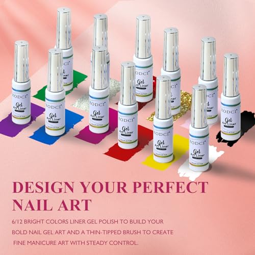 Nail Art Gel Liner Set, 12 Colors Black Red Pink Yellow Green Glitter Fall Winter Gel Polish for Swirl French Tip Painting Designs Soak Off Built Thin Brush DIY Nail Design Kit