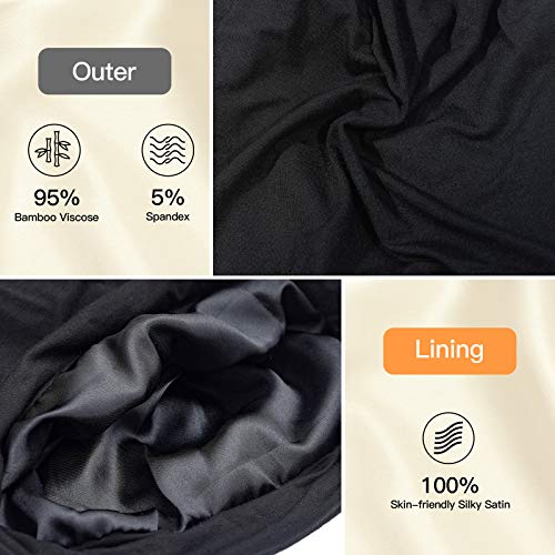 Silk Satin Lined Bonnet Sleep Cap - Adjustable Stay on All Night Hair Wrap Cover Slouchy Beanie for Curly Hair Protection for Women and Men - Black & Dark Grey