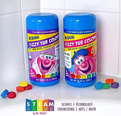 Mr. Bubble Fizzy Tub Colors Bath Water Coloring Tabelets, 6 Bright Colors, Red, Orange, Yellow, Purple, Blue and Green, Fragrance Free, Cap Makes Colorful Waterfall (3 Jars, 150 Tablets Each)