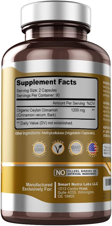 Smart Nutra Labs Organic Ceylon Cinnamon Supplement 1200mg per Serving, 180 Vegan Capsules, 100% Pure, True Ceylon Cinnamon