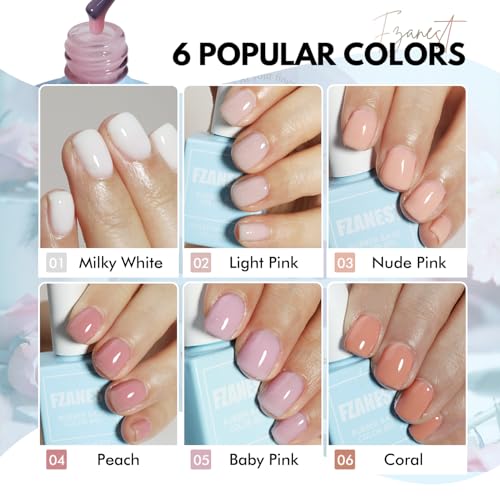 FZANEST Hema Free Rubber Base Builder Gel Set, 6 Colors Nude Pink Gel Polish Sheer Milky White Natural Nail Polish French Tips Base Colors Nails Strengthener Soak Off Gift for Womens