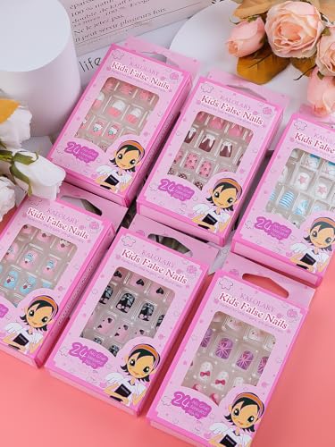 Kalolary 144 PCS Kids False Nail for Girls Gift, Press on Nail Color Short Fake Nails Artificial Nail Full Tips, Lovely Valentine's Day Gift for Little Girls Nail Art Decoration (6 Pack)