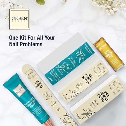 Onsen Secret Complete Nail Reboot Kit w/Nail Reboot Oil 10ml, Nail File 120/180 Grit Double Sided, A 3-Way Nail Buffer Block & Cuticle Serum-15ml w/Cuticle Oil in Action-Super Value Pack