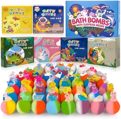 48pcs Bath Bombs for Kids with Toy Inside, Organic Colorful Bubble Bath for Kids Safe, Best Birthday, Party, Easter Bath Bombs Gift Set for Girls and Boys