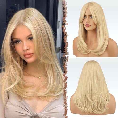 FESHFEN Blonde Wigs with Bangs, Synthetic Natural Looking Light Blonde Long Layered Straight Hair Wig for Women Daily Party Use 18 inch