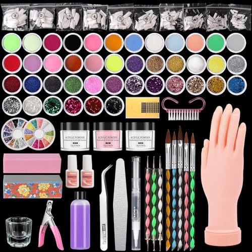 Practice Hand for Acrylic Nails, Fake Maniquin Training Hand for Nail Practice, 42 Colors Acrylic Powder Beginners Kit