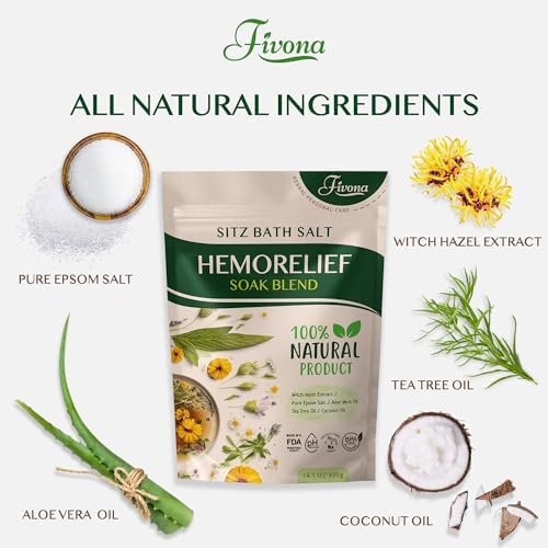 Fivona Sitz Bath Soak Blend for Hemorrhoids and Postpartum Recovery - Epsom Salt and Essential Oils Soaking Mix - 14.1 oz - Natural Care for Fissures and Bartholin Cysts