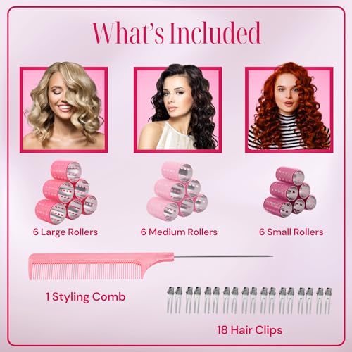 Thermal Rollers for Hair - 37pc Set - 18 Self-Grip Hair Rollers with 18 Clips and Styling Comb - Aluminum Thermal Hair Rollers for Volume and All-Day Curls - For Short, Medium, and Long Hair (Large)
