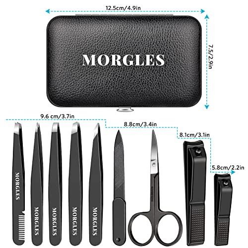 MORGLES Tweezers Set and Nail Clippers, 9 Pcs Stainless Steel Tweezers Kit for Men Professional Manicure Set for Men Grooming Kit with Leather Travel Case