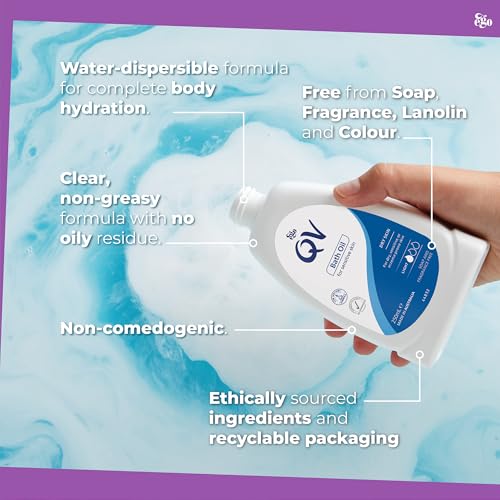 QV Bath Oil (500 ml) Moisturising Bath Soak for Sensitive Skin, Relief from Dry Itchy Skin, Gentle pH Balanced Formula, Fragrance Free, Soap Free, Non Greasy, Noncomedogenic Bath Soak
