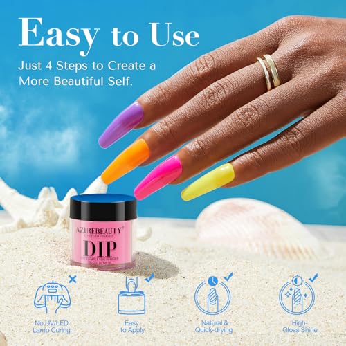 AZUREBEAUTY Bright Summer Dip Powder Nail Set, 6 Colors Pink Blue Purple Yellow Orange Dipping Powder Nail Starter Kit French Art Manicure DIY Mother's Gift for Women, No Need Nail Lamp Cured