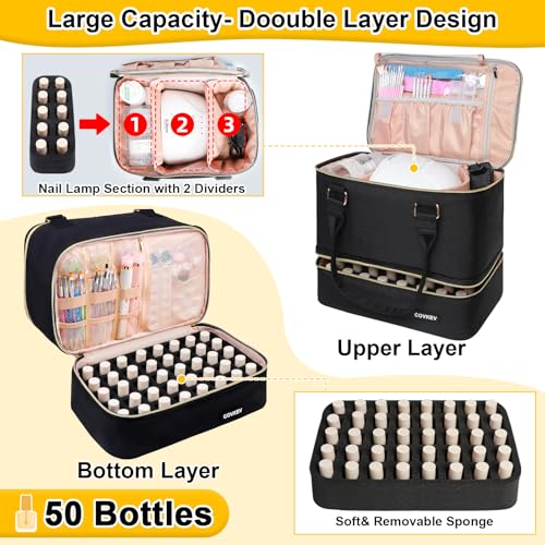 Nail Polish Organizer Hold 50 Bottles (15ml/0.5 fl.oz)& Nail Lamp, Double Layer Nail Bag Organizer Case with Handle, Large Nail Supplies& Kit Storage Case for Women Travel (Black& Golden)