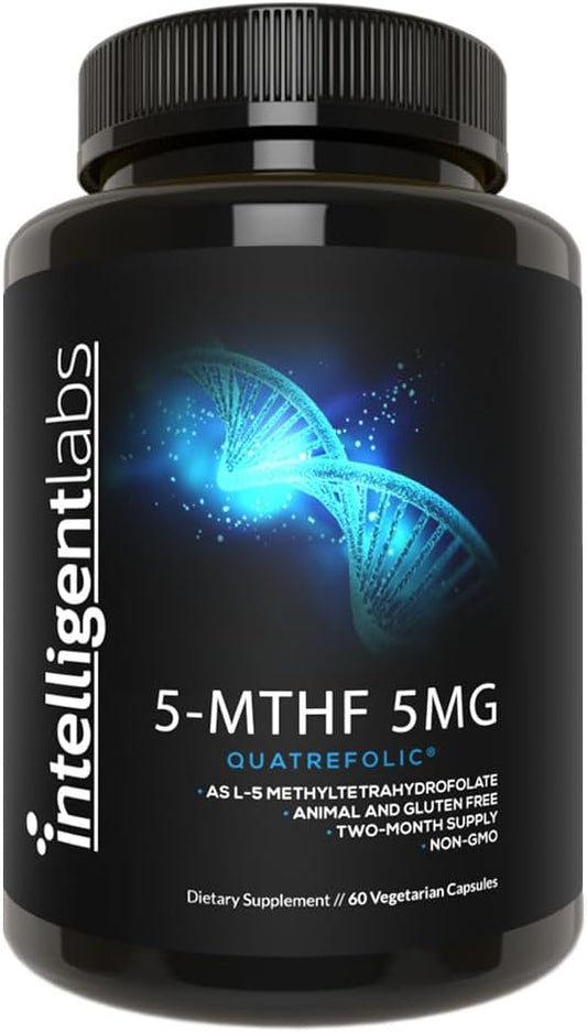 Intelligent Labs 5-MTHF L-5 Methylfolate Supplement Activated Folic Acid Supplement as Quatrefolic - Methyl Folate for MTHFR 60 Capsules - 60 Days Supply, 5mg = 5000mcg Methylfolate