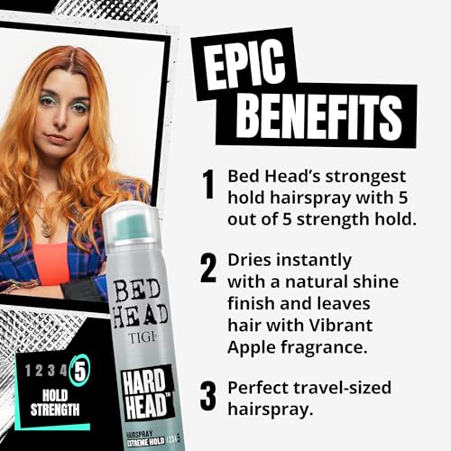 TIGI Bed Head Hard Head Hairspray for Extra Strong Hold - For All Hair Types - With Instant Dry & Natural Shine -Use on Dry Hair - Premium Hair Care Products for Women & Men Travel Sized-3 oz (3 Pack)