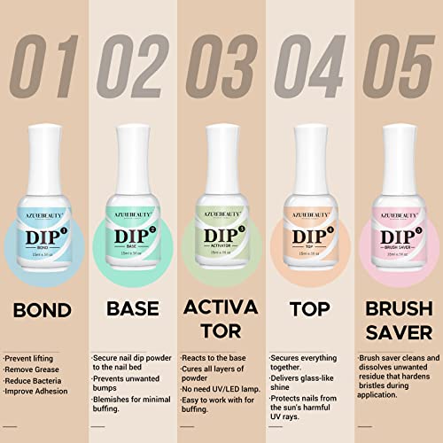AZUREBEAUTY 5 Pcs Dip Powder Liquid Set - 15ml/0.5oz Large Capacity Dip Base Coat, Top Coat, Bond, Activator, Brush Saver for Dip Nail Kit Salon Home No Nail Lamp Needed
