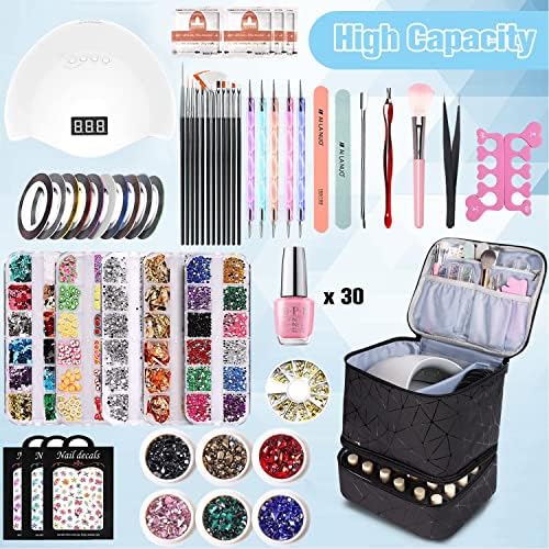 PU Leather Nail Polish Organizer and Nail Lamp Case, Nail Kit Organizer Holds 30+ Bottles (15ml - 0.5 fl.oz) and a Nail Lamp, Nail Polish Carrying Case with Manicure Tools Storage Sections