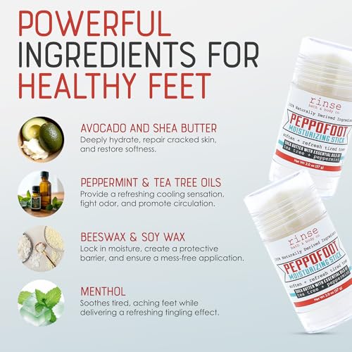 Rinse Bath & Body Peppofoot Heel Balm Stick - Handmade Heel Balm for Dry Cracked Feet with Peppermint and Tea Tree Oils | Ultra Moisturizing | No Mess Cracked Heel Stick | All Natural | 2oz
