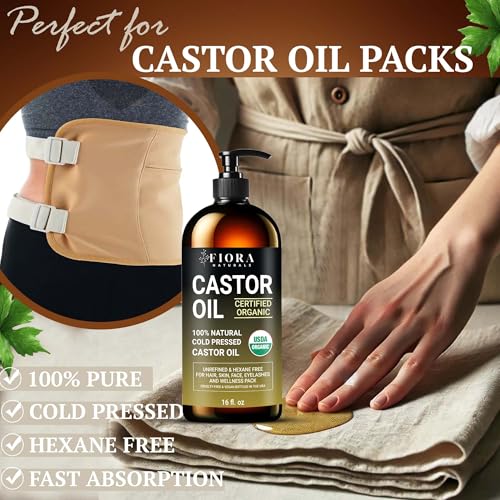 Organic Castor Oil in Glass Bottle – 16 Oz Cold Pressed & Hexane-Free – USDA Certified – Hair Growth Oil For Lashes, Brows, Skin & Scalp – with Pump