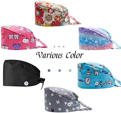 3PCS Cute Teeth Working Cap with Button, Women Men Breathable Lace Up Sweatband Work Hat Hair Cover