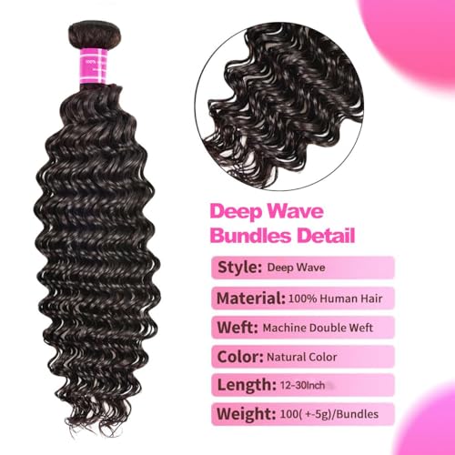 Deep Wave Human Hair Brazilian Bundles - 3 Bundles, 22-26 Inch, 100% Unprocessed Virgin Hair, Curly Waves, Double Weft, Wet & Wavy, for Black Women