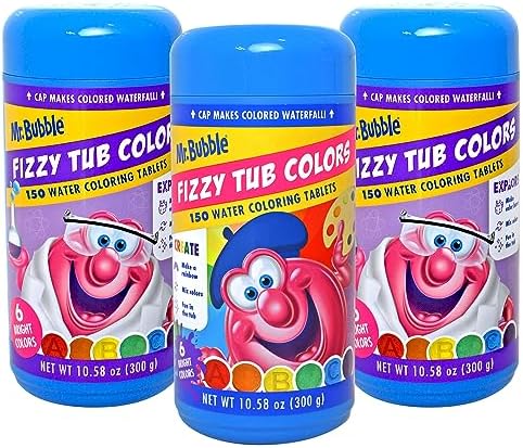 Mr. Bubble Fizzy Tub Colors Bath Water Coloring Tabelets, 6 Bright Colors, Red, Orange, Yellow, Purple, Blue and Green, Fragrance Free, Cap Makes Colorful Waterfall (3 Jars, 150 Tablets Each)