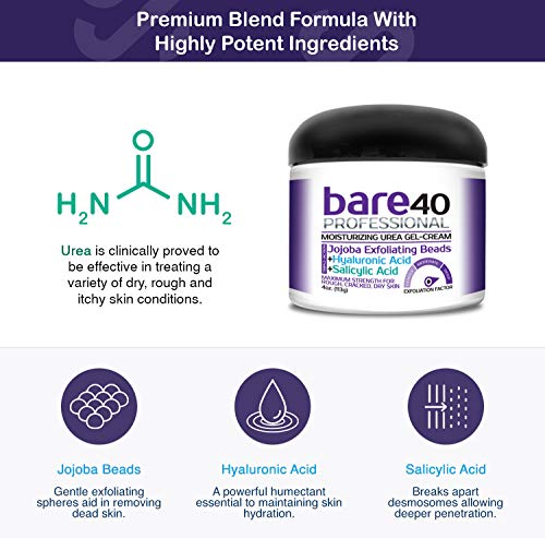 BARE 40 PRO, 40% Urea Gel w/ 2% Salicylic Acid and Hyaluronic Acid, Tea Tree Oil, Aloe Vera Extract, Jojoba Beads, 4oz Jar, Works on Corns, Calluses, Cracked Heels, Superior Hydration to Urea Creams