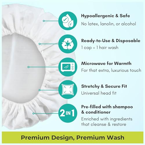 No Water Rinse Free Shampoo Cap by Nurture | Microwavable Hair Washing & Conditioning Shower Caps | Waterless Bathing | Disposable & Hypoallergenic for Adults, Bedridden & Elderly