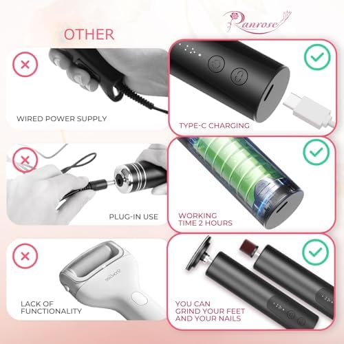 Ranrose Electric Foot Callus Remover: Rechargeable Electric Callus Remover for Feet, 2 in 1 Foot File Pedicure Tools with 20 Sandpaper Discs and 20 Nail Drill Bits, 6 Adjustable Speeds