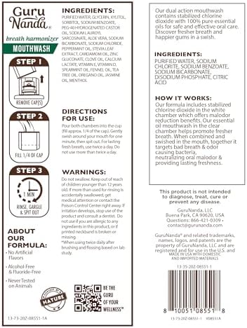GuruNanda Dual Barrel Breath Harmonizer Mouthwash - Freshens Breath - Alcohol & Fluoride Free with Sodium Chlorite & Essential Oils - Wild Mint Flavor, 20 Fl Oz