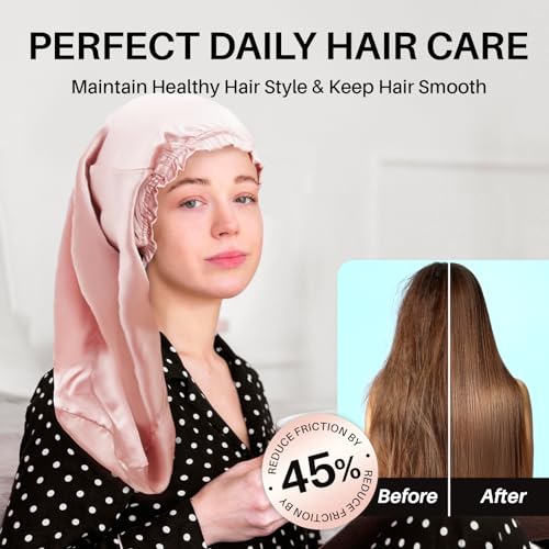 Long Silk Hair Bonnet for Sleeping Women/Men, 100% Real Mulberry Silk Hair Wrap for All Long Hair Types, Night Cap for Hair Care/Hairstyle, Rosy Pink