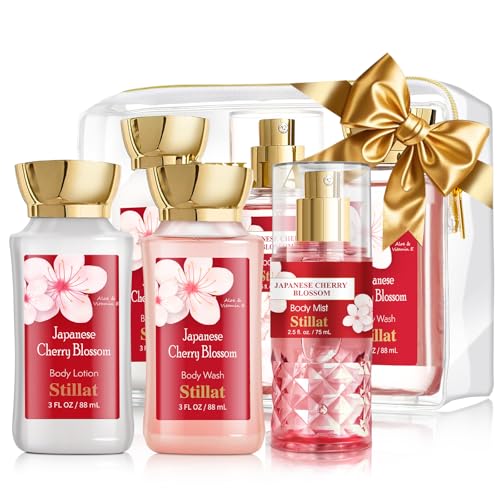 Bath and Body Travel and Gift Sets, Cherry Blossom Spa Shower Set for Teenager and Her, Including Body Wash, Body Lotion and Fragrance Body Mist, for Birthday Anniversary Wedding Christmas New Year