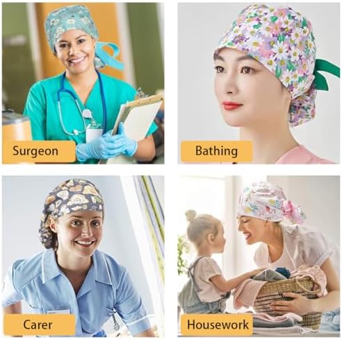 6Pcs Satin Lined Scrub Caps Women, Adjustable Surgical Caps for Women, Nurse Caps for Women Men with Button and Sweatband