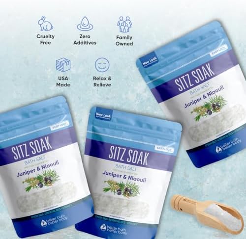 Sitz Bath Salt (3 Pack with Bamboo Scoop) Hemorrhoid Soothing Sitz Soak USP Grade Epsom Salt 3 Pouches 6 Lbs Total with Pure Essential Oils in BPA Free Pouch with Easy Press Seal Made in USA